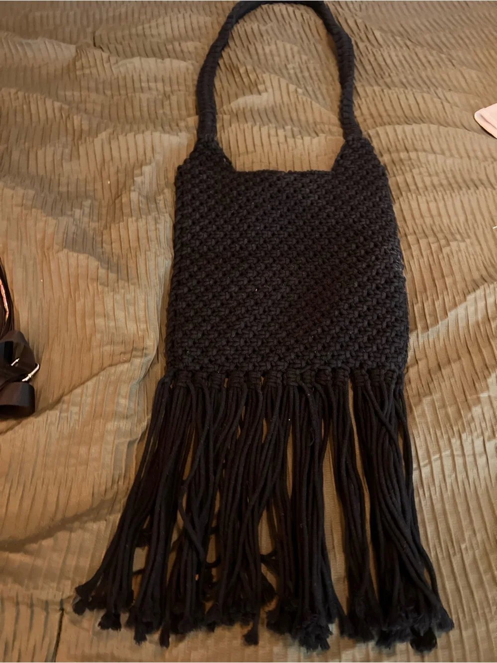 Handmade Black Knit Fringe Shoulder Bag - Brand Not Specified